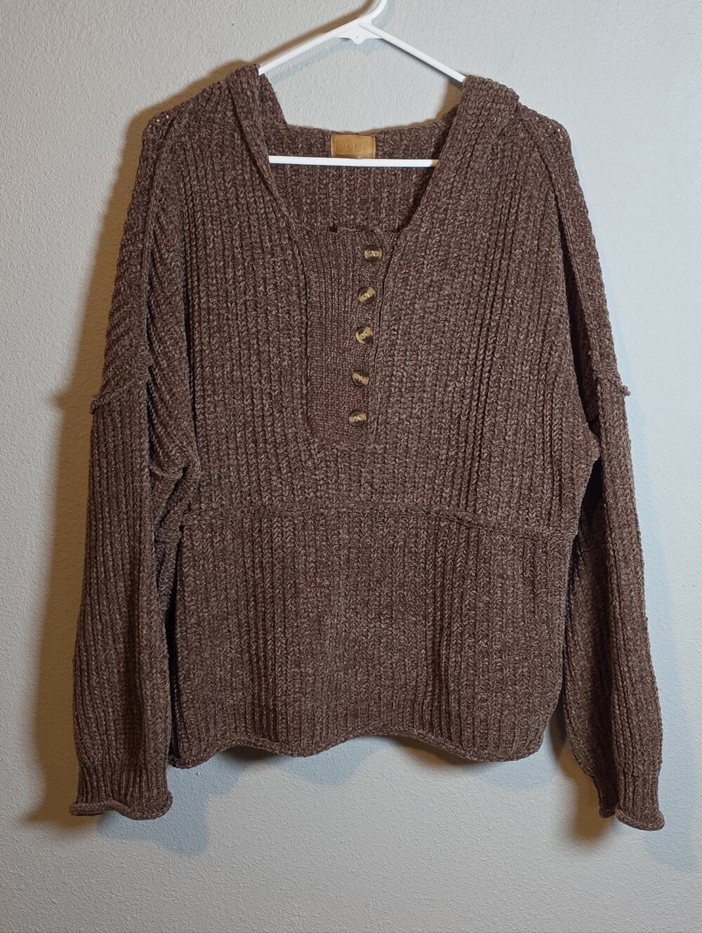 POL Brown Chenille Cable Knit Hooded Henley Sweater Size Large MST109 Boho
